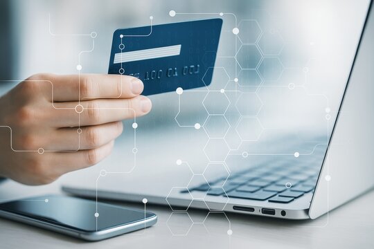 Person holding credit card near laptop with digital network overlay on light background, representing online payment and secure financial technology concept.