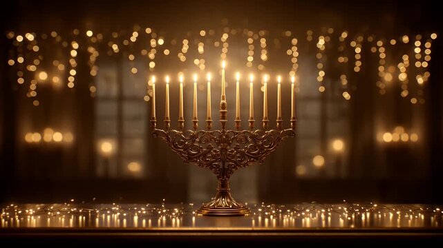 Hanukkah Menorah with Glowing Candles and Warm Bokeh Lights