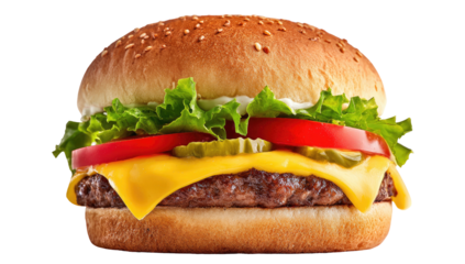 Classic cheeseburger.  Freshly made, browned patty, melted cheese, juicy, and toppings of lettuce, tomato, and pickles, all sandwiched between a toasted bun