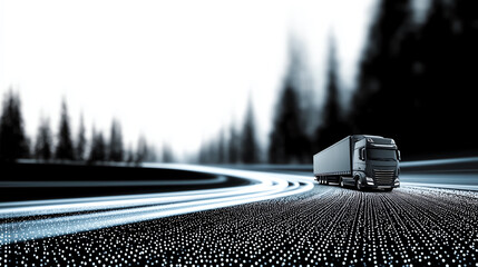 Futuristic truck driving through digital light road