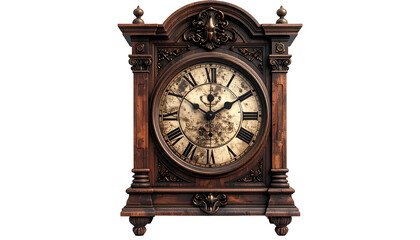 Ornate wooden table clock with Roman numerals and aged face