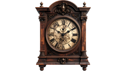 Ornate wooden table clock with Roman numerals and aged face