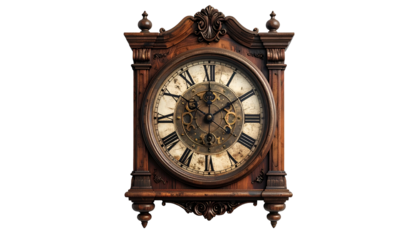 Antique wooden clock with Roman numerals, ornate details