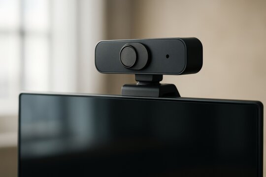 Close-up of modern webcam with privacy cover mounted on top of computer monitor in home office with blurred light background in soft focus style. Ai generative
