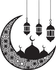 Islamic crescent moon mosque lanterns silhouette festive ramadan eid mubarak celebration religious symbols graphic design art vector