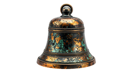 Verdigris covers a textured, bronze bell on a dark backdrop