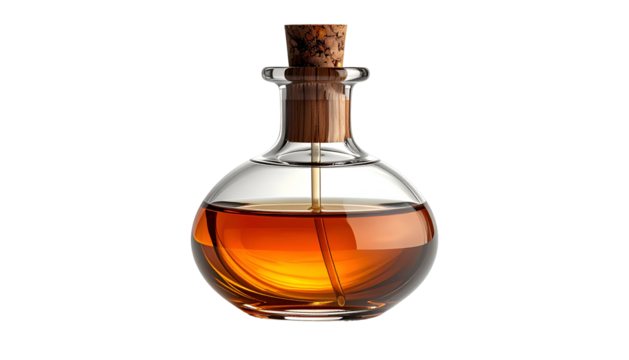 Round glass bottle filled with golden liquid, cork stopper