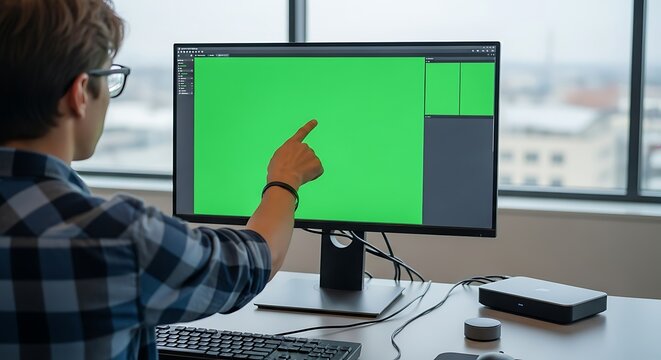 Male creative professional pointing at a green screen computer monitor.