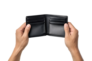 Two hands gently hold an empty, open black wallet, clearly showing the blank interior compartments, a transparent png isolated image.