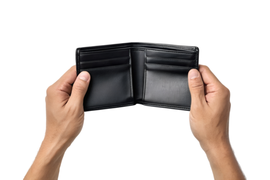 Two hands gently hold an empty, open black wallet, clearly showing the blank interior compartments, a transparent png isolated image.