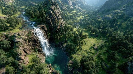 Stunning drone shot of a cascading waterfall surrounded by emerald greenery scenic landscape with misty rainbows