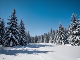Obraz premium A wide, atmospheric shot of a snow-covered pine forest under a clear blue winter sky. Fresh snow, deep shadows, and cold, crisp air.