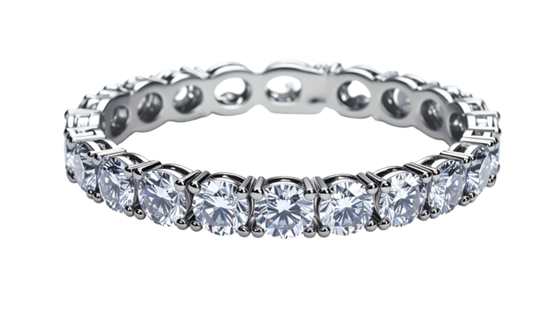 Diamond eternity ring with white metal prongs on a black background - Powered by Adobe
