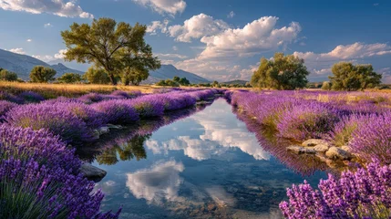 Wanddecoratie Reflectie Lavender field landscape stretching to a calm river purple blooms and clouds reflected in the water beautiful scene  © elenaed