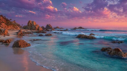 Misty ocean scenic landscape at dawn soft pastel hues blending with gentle waves rolling onto a secluded rocky shore