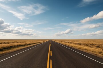 Fototapeta premium Straight highway leading through dry grassland under a bright sky with scattered clouds, ideal for travel concept and background use. Ai generative
