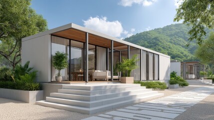 Fototapeta premium Sustainable Housing Trend Concept. Modern house design with large windows and a natural setting among mountains.