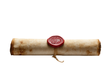 Old, rolled parchment scroll sealed with red wax