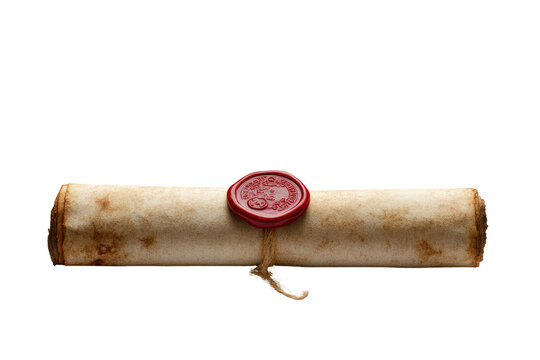 Old, rolled parchment scroll sealed with red wax