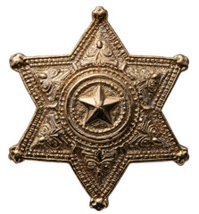 Ornate gold sheriff's star.  Detailed five-pointed star,  gold-toned,  with intricate decorative elements.  Central star design is embossed.  High-quality image