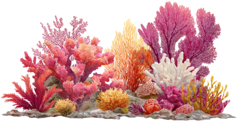 Vibrant coral reef scene.  Colorful corals in shades of pink, orange, and yellow,  growing from a light beige base.  Various shapes and textures