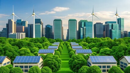 Sustainable Housing Trend Concept. Futuristic cityscape with wind turbines, solar panels, and lush greenery.