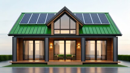 Sustainable Housing Trend Concept. Modern eco-friendly house with solar panels and a stylish design.