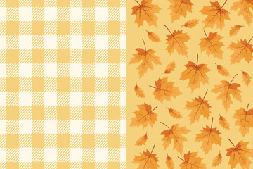 \fall leaves background with yellow plaid pattern seasonal elements autumn theme flat design vector illustration