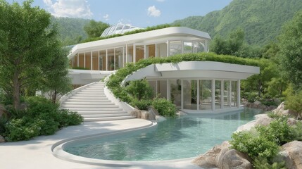 Sustainable Housing Trend Concept. Modern architectural home surrounded by lush greenery and a serene pool.