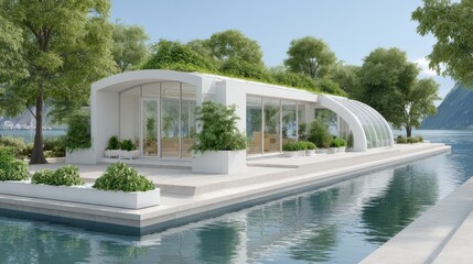 Sustainable Housing Trend Concept. Modern architectural structure by water surrounded by greenery and trees.