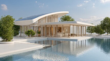 Sustainable Housing Trend Concept. Modern architectural design featuring a sleek house by a serene water body and lush greenery.