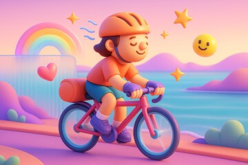 Cheerful character cycling by the sea with dreamy pastel background and floating smiley face stars, expressing joyful travel and light concept. Ai generative
