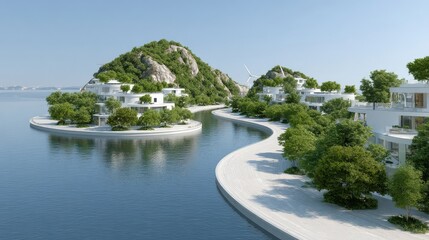 Sustainable Housing Trend Concept. Serene waterfront view with modern architecture and lush greenery.