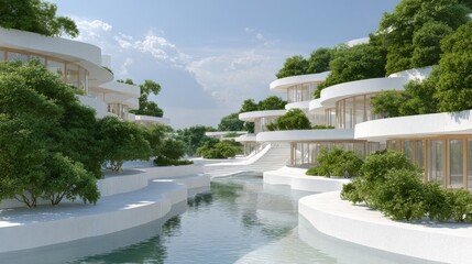 Sustainable Housing Trend Concept. Modern architecture featuring curved buildings surrounded by greenery and flowing water.