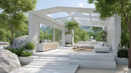 Sustainable Housing Trend Concept. Modern open-air living space integrated with nature and light.