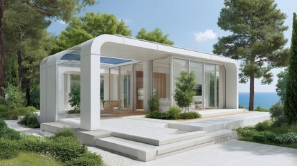 Sustainable Housing Trend Concept. Modern glass house nestled among trees with a sea view, featuring minimalist architecture.