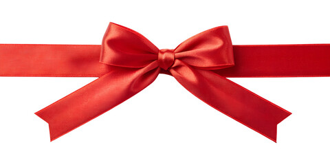 A bright red satin ribbon bow shines vibrantly, forming an elegant decorative element, perfectly isolated on its transparent png background.