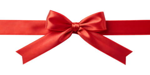 A bright red satin ribbon bow shines vibrantly, forming an elegant decorative element, perfectly isolated on its transparent png background.