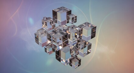 A 3D rendering of a complex, geometric structure made up of transparent cubes and prisms, with a gradient background featuring a mix of soft pastel colors.