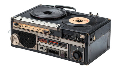 Obraz premium Black and silver vintage turntable stereo, well worn