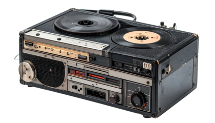 Black and silver vintage turntable stereo, well worn