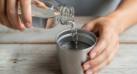 Pouring Fresh Water into a Stainless Steel Tumbler, Refreshment Concept.