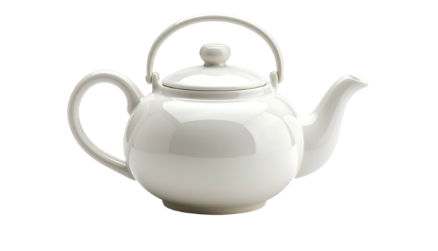 Glazed white ceramic teapot with handle and spout, studio lit