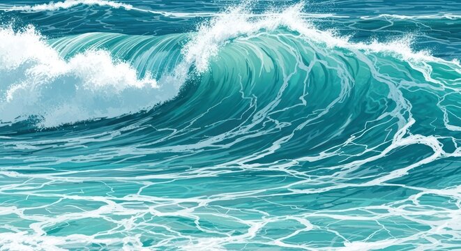 A large, turbulent wave in the ocean with a blue-green hue. - Powered by Adobe