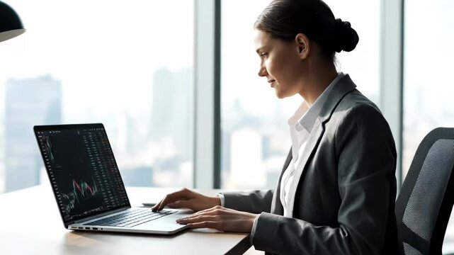 Young businesswoman analyzes financial market data on a laptop in a modern office - Powered by Adobe