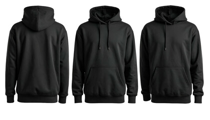 Three views of a plain black hooded sweatshirt against a grey backdrop, front, back & side