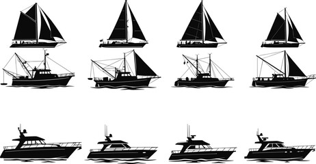 Boat, ship, sailboat, yacht, trawler, icon, silhouette, black, white, fishing, motor, watercraft, marine, nautical, minimal, grid, design, transport, ocean, travel