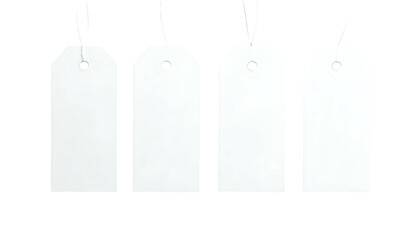 Four identical white rectangular tags with string loops, isolated on black background