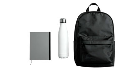 Backpack, water bottle, and notebook against a black background