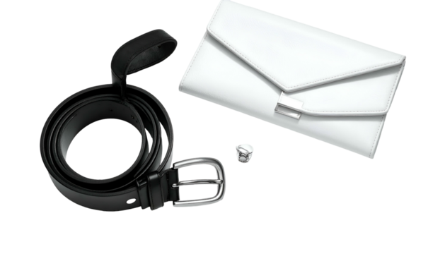 Black belt, white clutch, and single stud earring on black surface